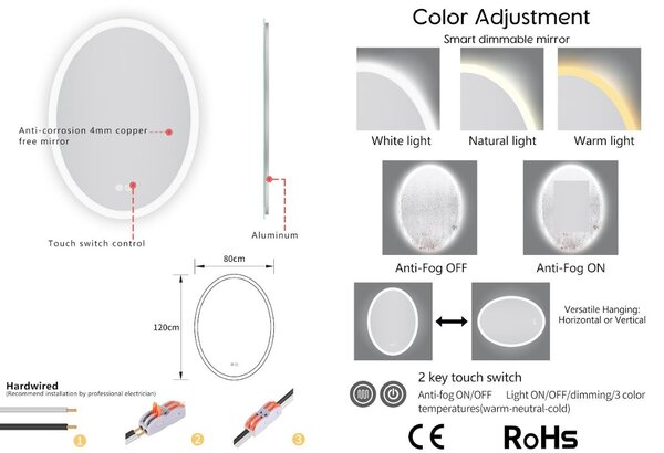 Erga Paola, oglindă ovală LED 80x120cm, 2990 lm, 3 culori de lumină, iluminare față și spate, ERG-V01-302-1280-00