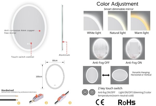 Erga Paola, oglindă ovală LED 80x100cm, 2645 lm, 3 culori de lumină, iluminare față și spate, ERG-V01-302-1080-00