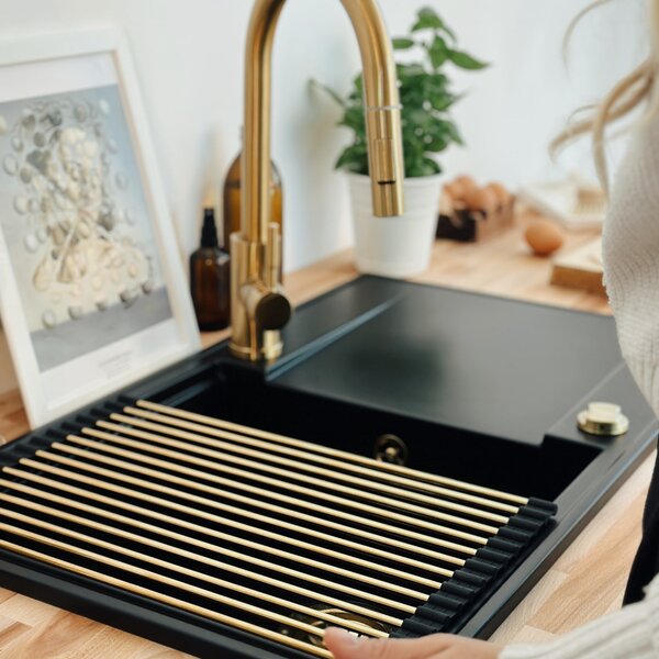 Chiuvetă de bucătărie Sink Quality Sink55, granit 620x460x215 mm + sifon grafit, negru cu puncte aurii, SKQ-SINK.L.1KKO.XB