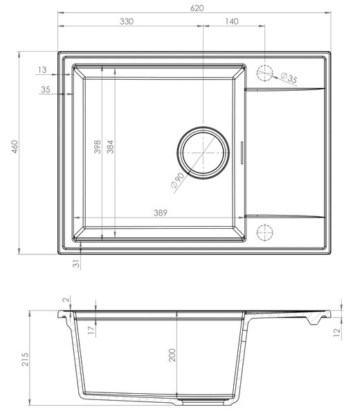 Chiuvetă de bucătărie Sink Quality Sink55, granit 620x460x215 mm + sifon grafit, negru cu puncte aurii, SKQ-SINK.L.1KKO.XB