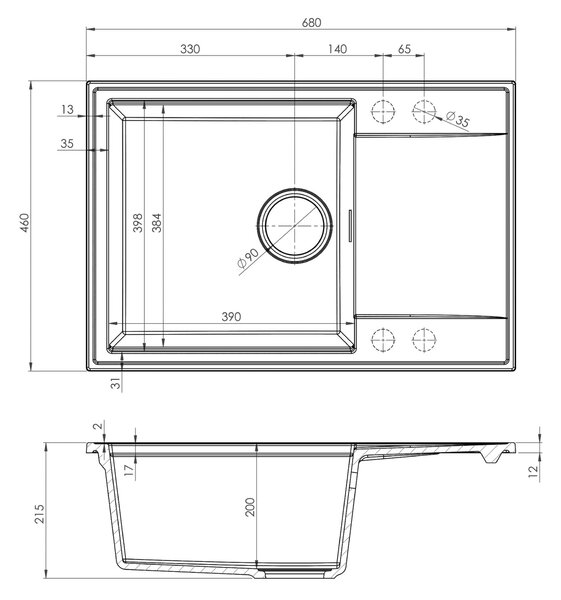 Chiuvetă de bucătărie Sink Quality Sink55, granit 680x460x215 mm + sifon grafit, gri, SKQ-SINK.D.1KDO.XB
