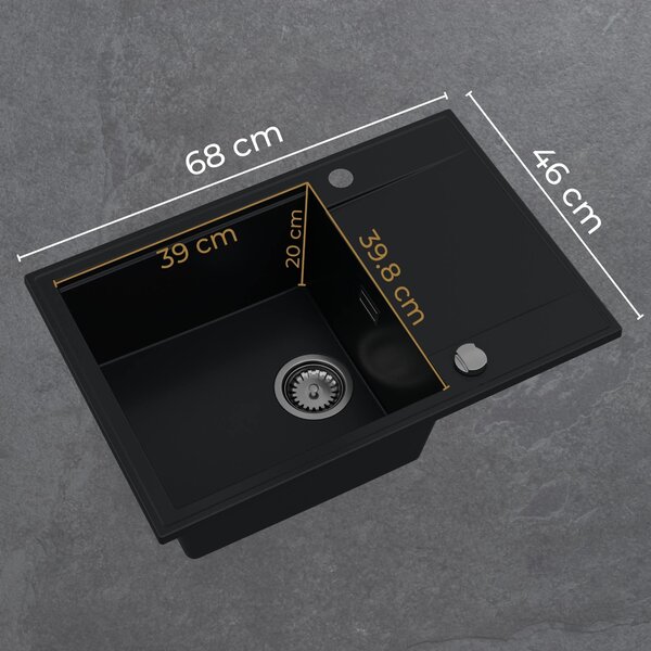 Chiuvetă de bucătărie Sink Quality Sink55, granit 680x460x215 mm + sifon grafit, gri, SKQ-SINK.D.1KDO.XB