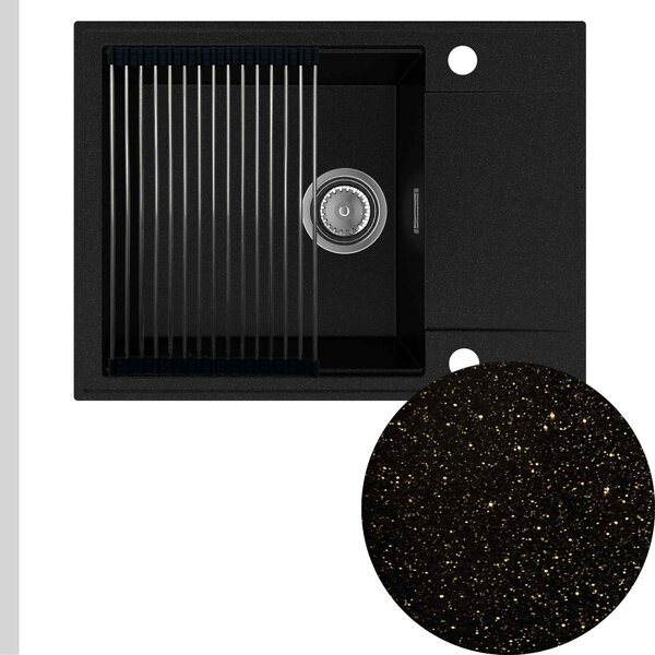 Chiuvetă de bucătărie din granit Sink Quality Sink55, 620x460x215 mm + sifon cromat, neagră cu puncte aurii, SKQ-SINK.L.1KKO.X