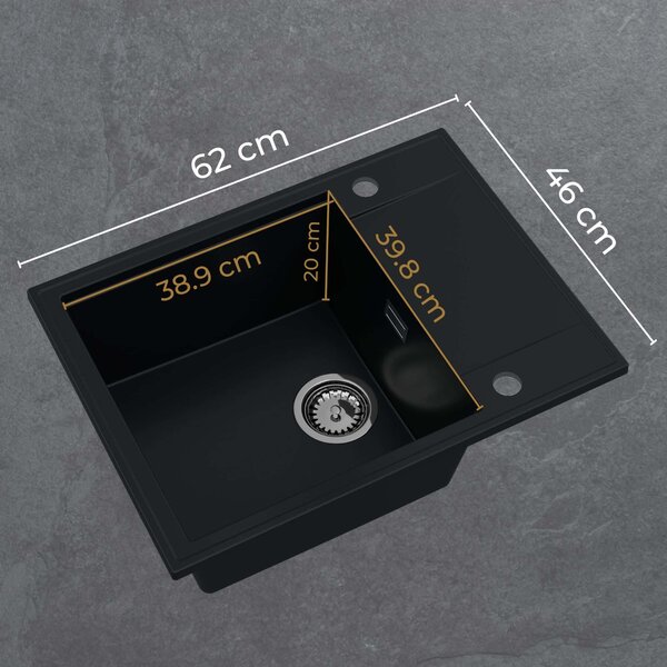 Chiuvetă de bucătărie Sink Quality Sink55, granit 620x460x215 mm + sifon grafit, negru cu puncte aurii, SKQ-SINK.L.1KKO.XB