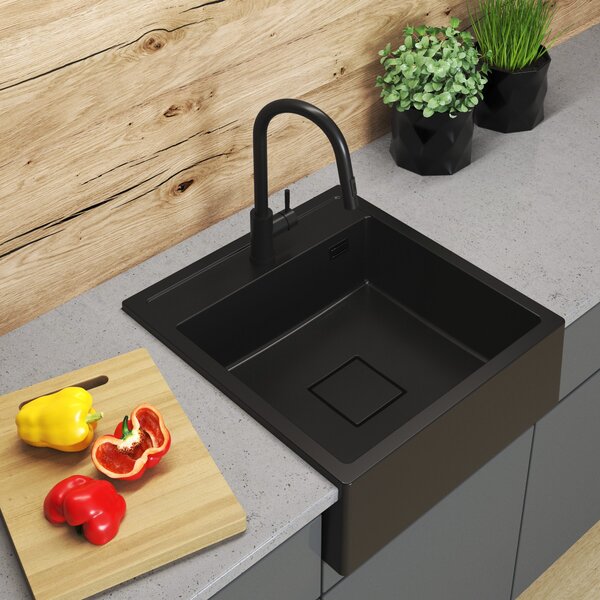 Gamma Farmerski, chiuvetă din granit cu 1 compartiment 600x630x210 mm, neagră, GMA-ZLE000208