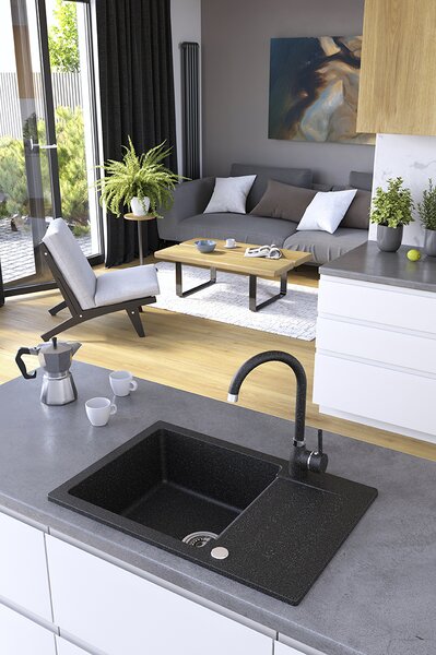 Kuchinox Celebes, chiuvetă din granit cu 1 compartiment 650x440x185mm cu scurgător scurt, neagră, LAV-SBL_713T