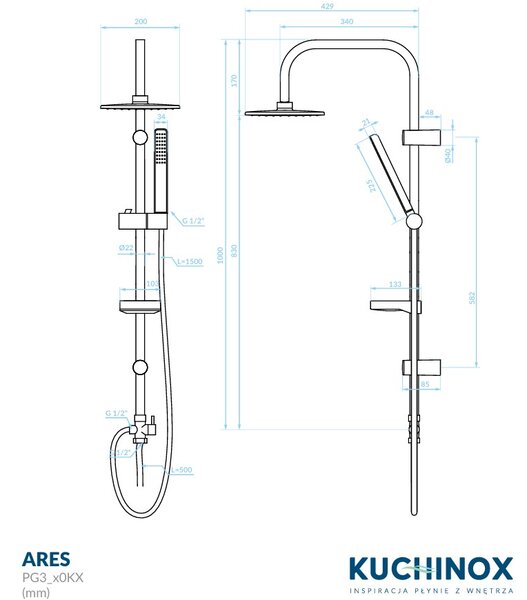 Kuchinox Ares, coloană de duș cu cap de duș manual și de ploaie, negru mat, LAV-PG3_70KX