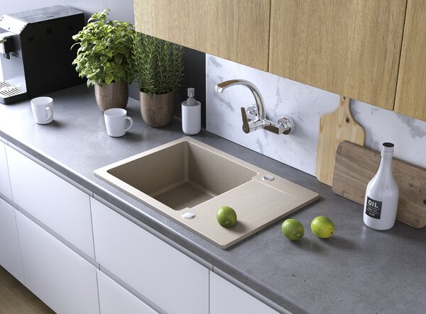 Kuchinox Celebes, chiuvetă din granit cu 1 compartiment 650x440x185mm cu scurgător scurt, bej, LAV-SBL_413T