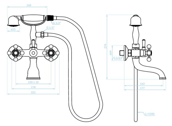 Kuchinox Stillo, baterie de cadă cu montare pe perete și set de duș manual, crom, LAV-BKI_011D