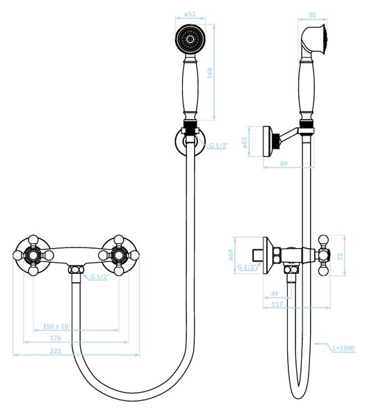 Kuchinox Stilo, baterie duș de perete cu set de duș manual, alamă, LAV-BKI_541D