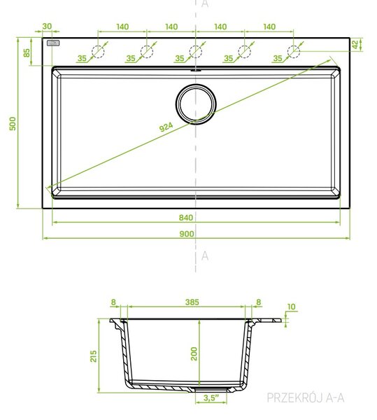 Laveo Tau, chiuvetă din granit cu 1 compartiment 900x500x215 mm, albă, LAV-SBT_B109