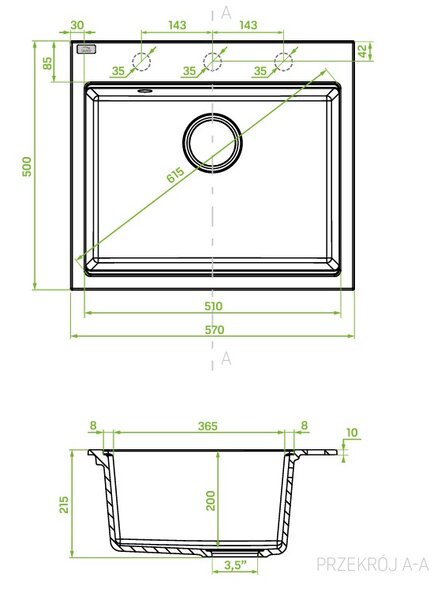 Laveo Tau, chiuvetă din granit cu 1 compartiment 570x500x215 mm, neagră, LAV-SBT_710B