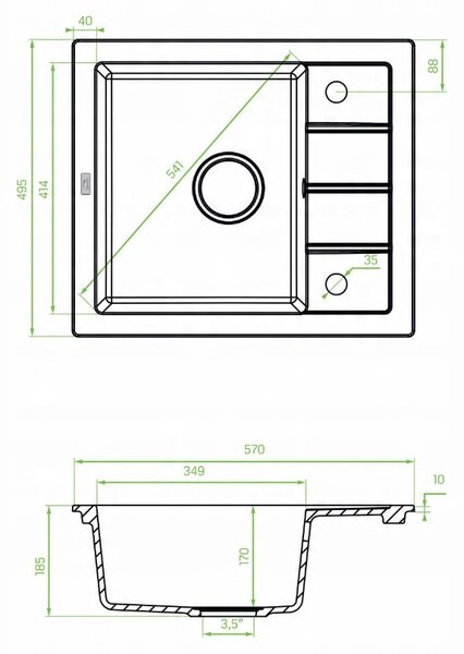 Laveo Trzynastka, chiuvetă din granit cu 1 compartiment 570x495x185 mm, neagră, LAV-SBP_713B