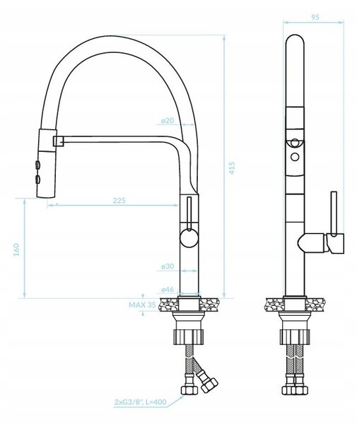 Kuchinox Siluetto, baterie chiuvetă înaltă cu braț elastic, negru mat, LAV-BQU_B78D