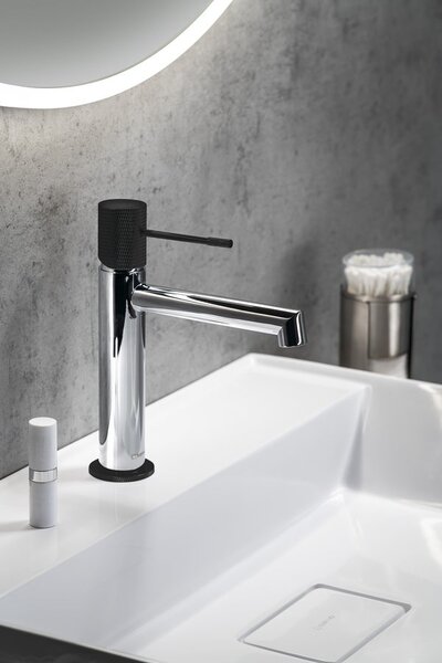 Sapho Sapho, Baterie lavoar cu piedestal SOLARIS, crom/negru mat, WD002CB