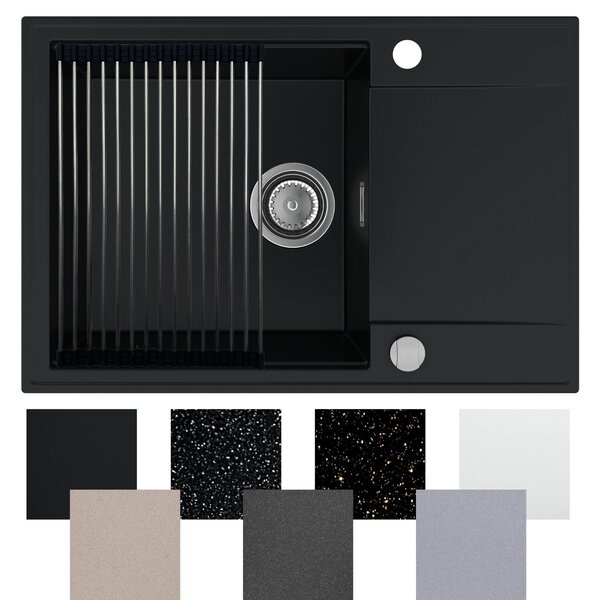 Chiuvetă de bucătărie Sink Quality Sink55, granit 620x460x215 mm + sifon grafit, negru cu puncte aurii, SKQ-SINK.L.1KKO.XB