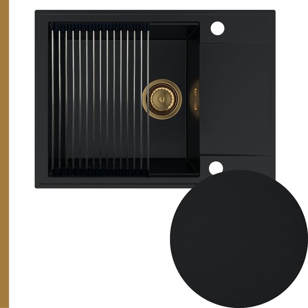 Chiuvetă de bucătărie din granit Sink Quality Sink55, 620x460x215 mm + sifon auriu, neagră, SKQ-SINK.C.1KKO.XG
