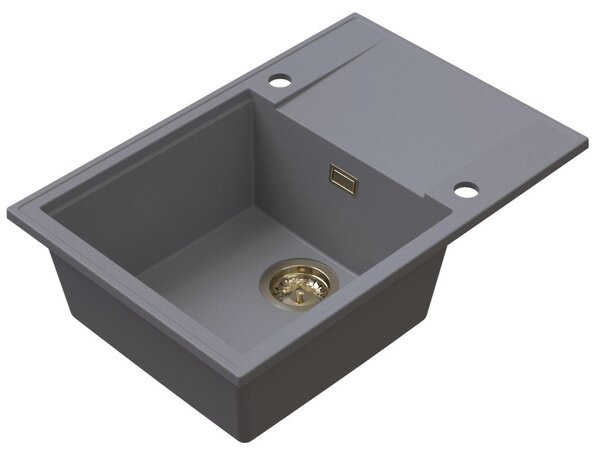 Chiuvetă de bucătărie din granit Sink Quality Sink55, 680x460x215 mm + sifon auriu, gri, SKQ-SINK.D.1KDO.XG