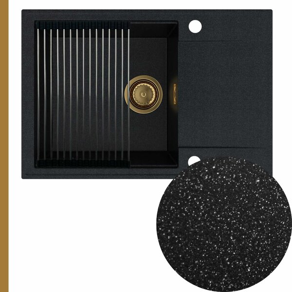 Chiuvetă de bucătărie din granit Sink Quality Sink55, 680x460x215 mm + sifon auriu, cu pătrățele negre, SKQ-SINK.B.1KDO.XG