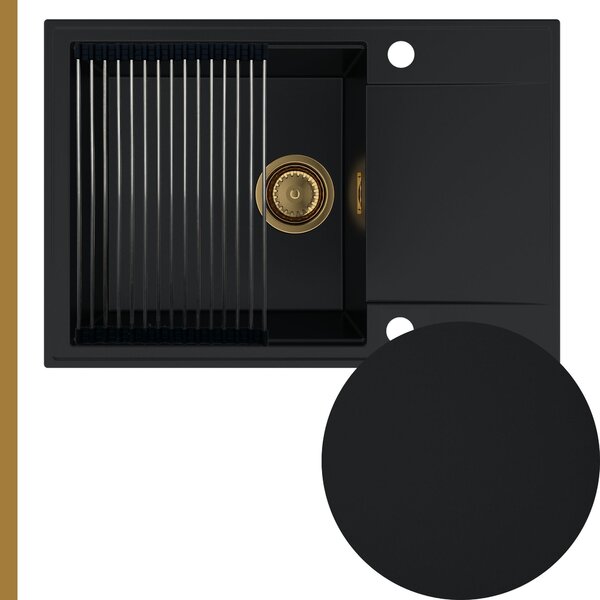 Chiuvetă de bucătărie din granit Sink Quality Sink55, 680x460x215 mm + sifon auriu, neagră, SKQ-SINK.C.1KDO.XG
