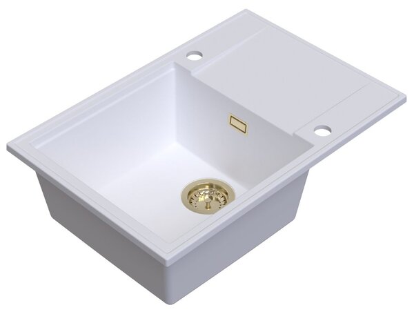 Chiuvetă de bucătărie din granit Sink Quality Sink55, 680x460x215 mm + sifon auriu, alb, SKQ-SINK.W.1KDO.XG