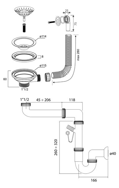 Chiuvetă de bucătărie din granit Sink Quality Sink55 780x460x215 mm + sifon grafit, grafit, SKQ-SINK.G.1KDOL.XB