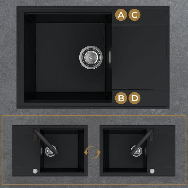 Chiuvetă de bucătărie Sink Quality Sink55, granit 680x460x215 mm + sifon grafit, gri, SKQ-SINK.D.1KDO.XB