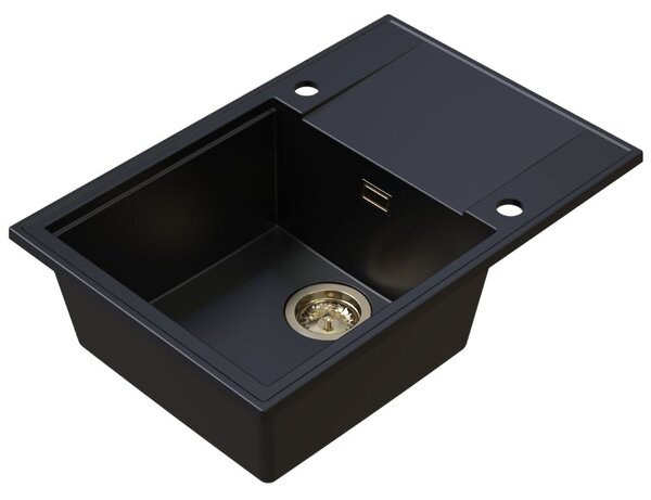 Chiuvetă de bucătărie din granit Sink Quality Sink55, 680x460x215 mm + sifon auriu, neagră, SKQ-SINK.C.1KDO.XG