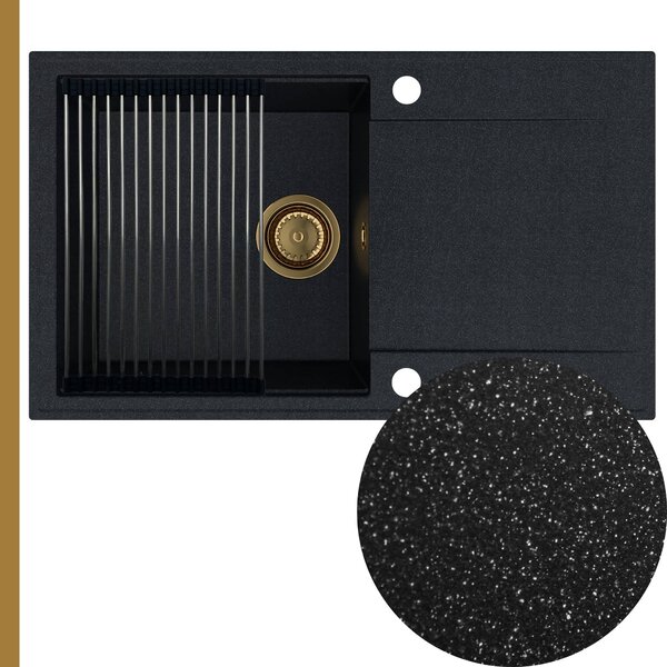 Chiuvetă de bucătărie din granit Sink Quality Sink55, 780x460x215 mm + sifon auriu, cu pătrățele negre, SKQ-SINK.B.1KDOL.XG