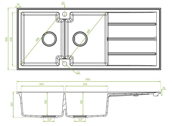 Laveo Canaria, chiuvetă din granit cu 2 compartimente 1160x500x207 mm, negru pătat, LAV-SPC_721T