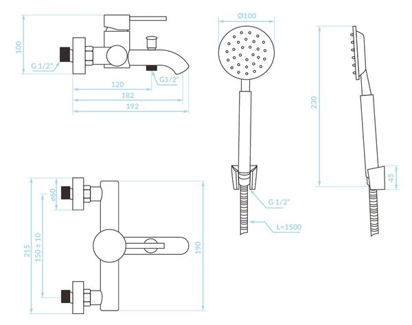 Kuchinox Noia, baterie de cadă cu montare pe perete și set de duș manual, crom, LAV-BNK_011D