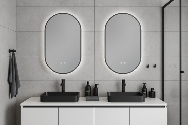 Erga Freya, oglindă ovală LED 60x100cm cu ramă metalică neagră, 3 culori de lumină, iluminare din spate, pernă încălzitoare anti-aburire, ERG-V01-FRE…