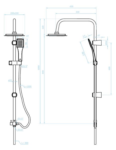 Coloană de duș Kuchinox Hiro cu cap de duș fix și manual, negru mat, LAV-PKH_70KX