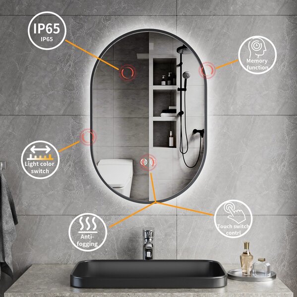 Erga Freya, oglindă ovală LED 40x60cm cu ramă metalică neagră, 3 culori de lumină, iluminare din spate, pernă încălzitoare anti-aburire, ERG-V01-FREY…