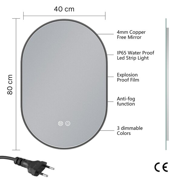 Erga Freya, oglindă ovală LED 40x80cm cu ramă metalică neagră, 3 culori de lumină, iluminare din spate, pernă încălzitoare anti-aburire, ERG-V01-FREYA-4080-BK
