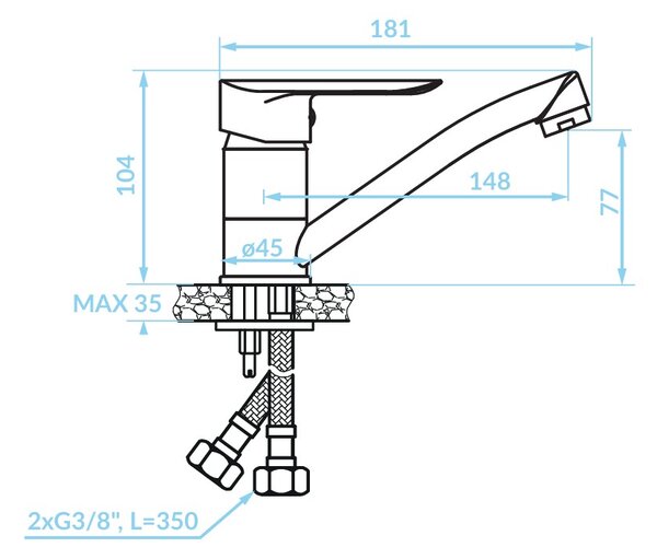 Kuchinox Cento, baterie lavoar cu pipă rotativă, cromată, LAV-BKC_026D