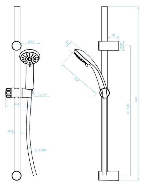 Kuchinox Cento, coloană de duș 70 cm cu cap de duș manual, albă, LAV-NKC_61A1