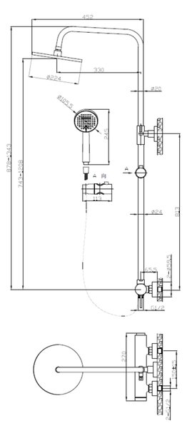 Invena Kalitea, baterie monocomandă de duș cu cap de duș tip ploaie 22x22 cm și cap de duș manual, cromat, INV-AU-72-001-V