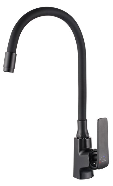 Invena Ligaria, baterie de bucătărie înaltă cu braț elastic, sistem Eco Start, negru mat, INV-BZ-39-004-L