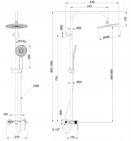 Invena Rikia, set de duș cu baterie cu 3 funcții, duș manual și duș fix, negru mat, INV-AU-24-B04-G