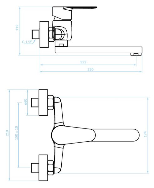 Kuchinox Fresno, baterie lavoar pe perete L-222, 150 mm, cromat, LAV-BQF_050D