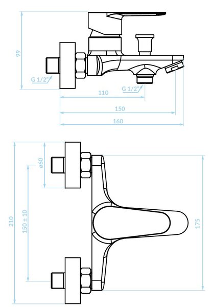 Kuchinox Fresno, baterie de cadă cu montare pe perete 150 mm, cromată, LAV-BQF_010D