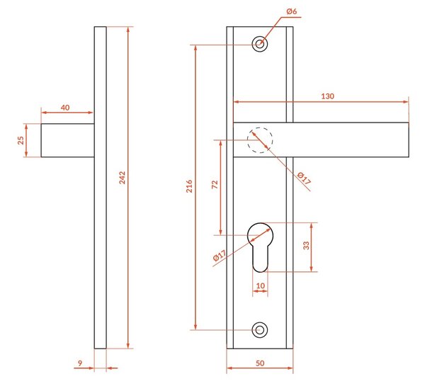 Mâner exterior Kuchinox Floko, pe feronerie lungă pentru cilindru, patină, LAV-KZF_412A