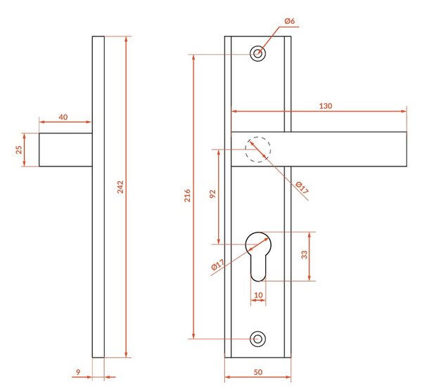 Mâner exterior Kuchinox Floko, pe feronerie lungă pentru cilindru, satinat, LAV-KZF_318A
