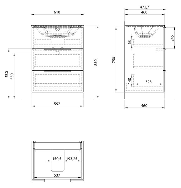 Sapho Sapho, dulap lavoar CIRASA 59,2x75x46cm, 3x sertar, stejar Alabama, CR631-2222