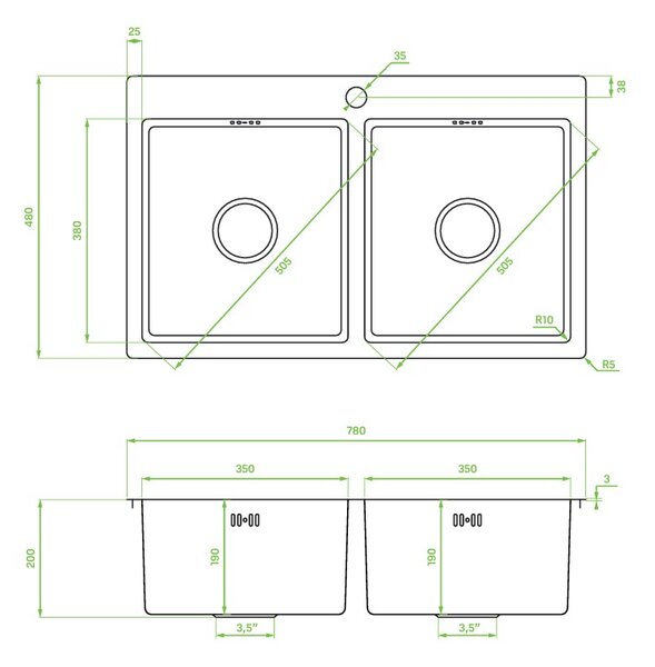Laveo Marmara, chiuvetă de bucătărie din oțel inoxidabil cu 2 compartimente 780x480x200 mm, oțel, LAV-SAM_020T