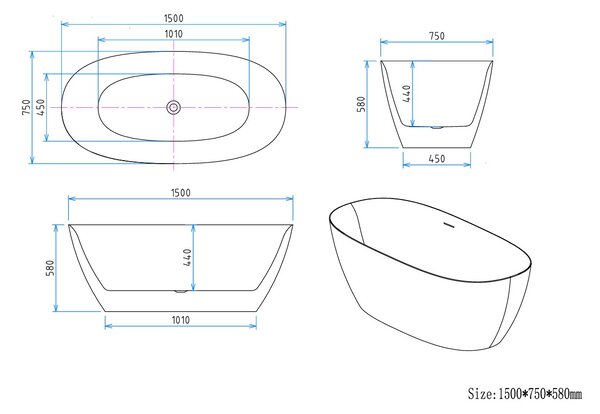 Erga Vienna, cadă de baie independentă 150x75 cm + dop de scurgere, alb lucios, ERG-VIENNA-150075-WH-WH