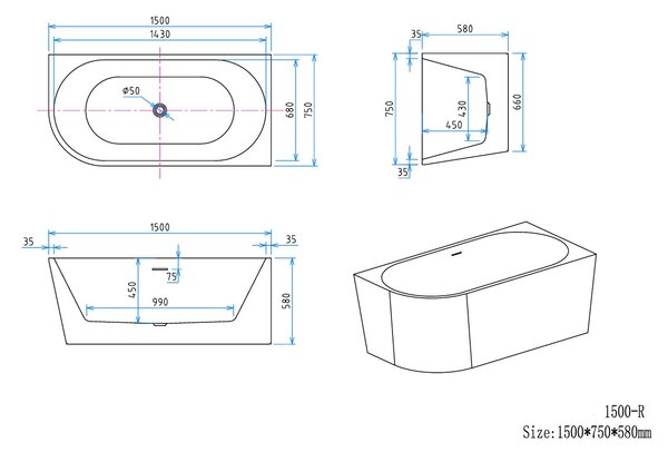 Erga Zara, cadă de baie independentă de colț 140x72 cm + dop de scurgere, dreapta, alb lucios, ERG-ZARA-140072R-WH-WH