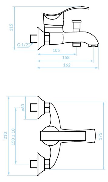 Kuchinox Argo, baterie de cadă cu montare pe perete 150 mm, cromată, LAV-BKA_010D