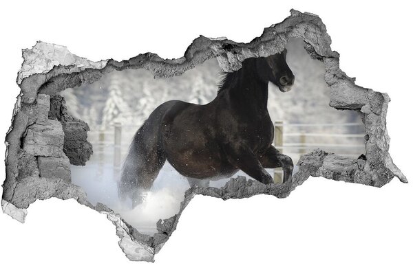 Autocolant un zid spart cu priveliște Un cal în galop de zăpadă